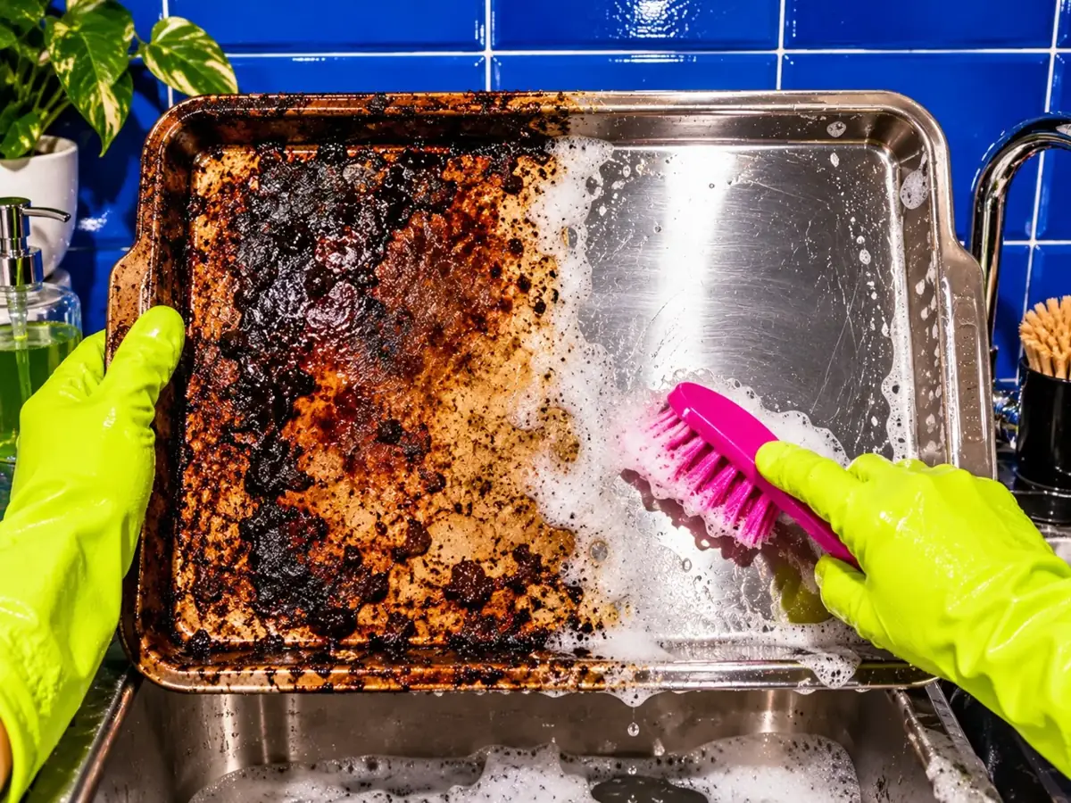 Oven tray being scrubbed clean