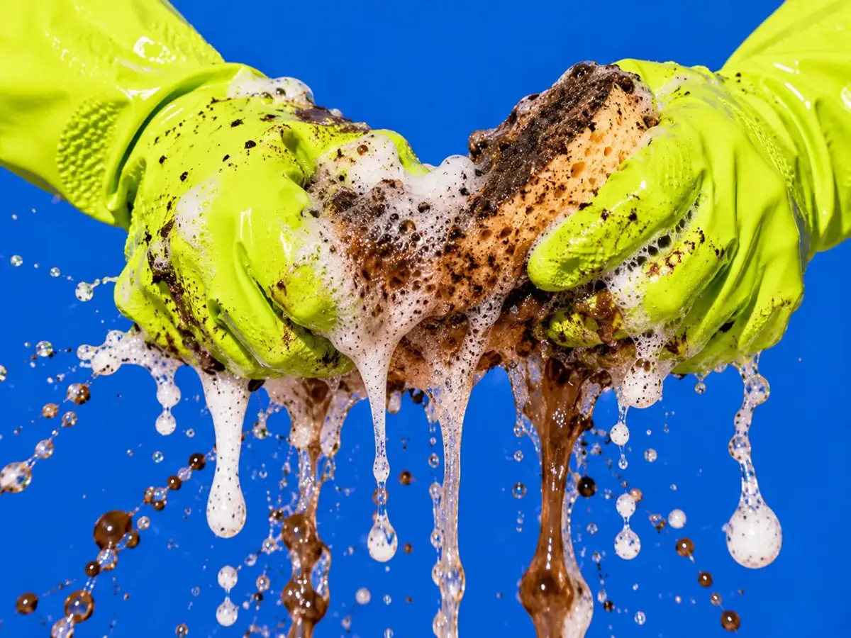 Lime gloves wringing out a soapy sponge